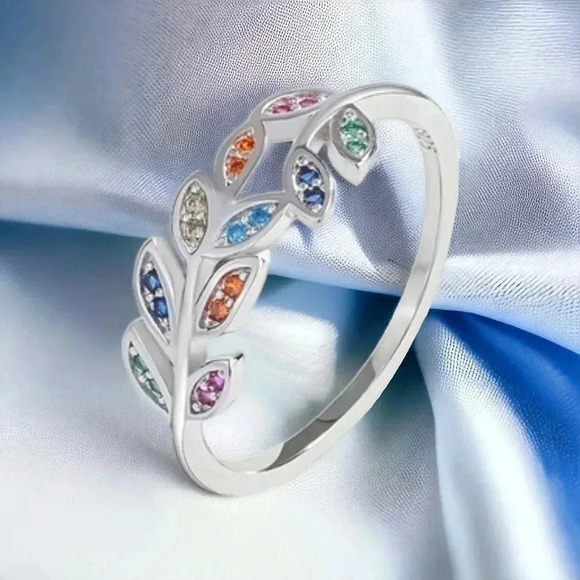 NKULTD Jewelry - 🆕️Elegant S925 Sterling Silver Leaf Ring w/ Colorful Zircons 🌿💍 Gift Box 🎁